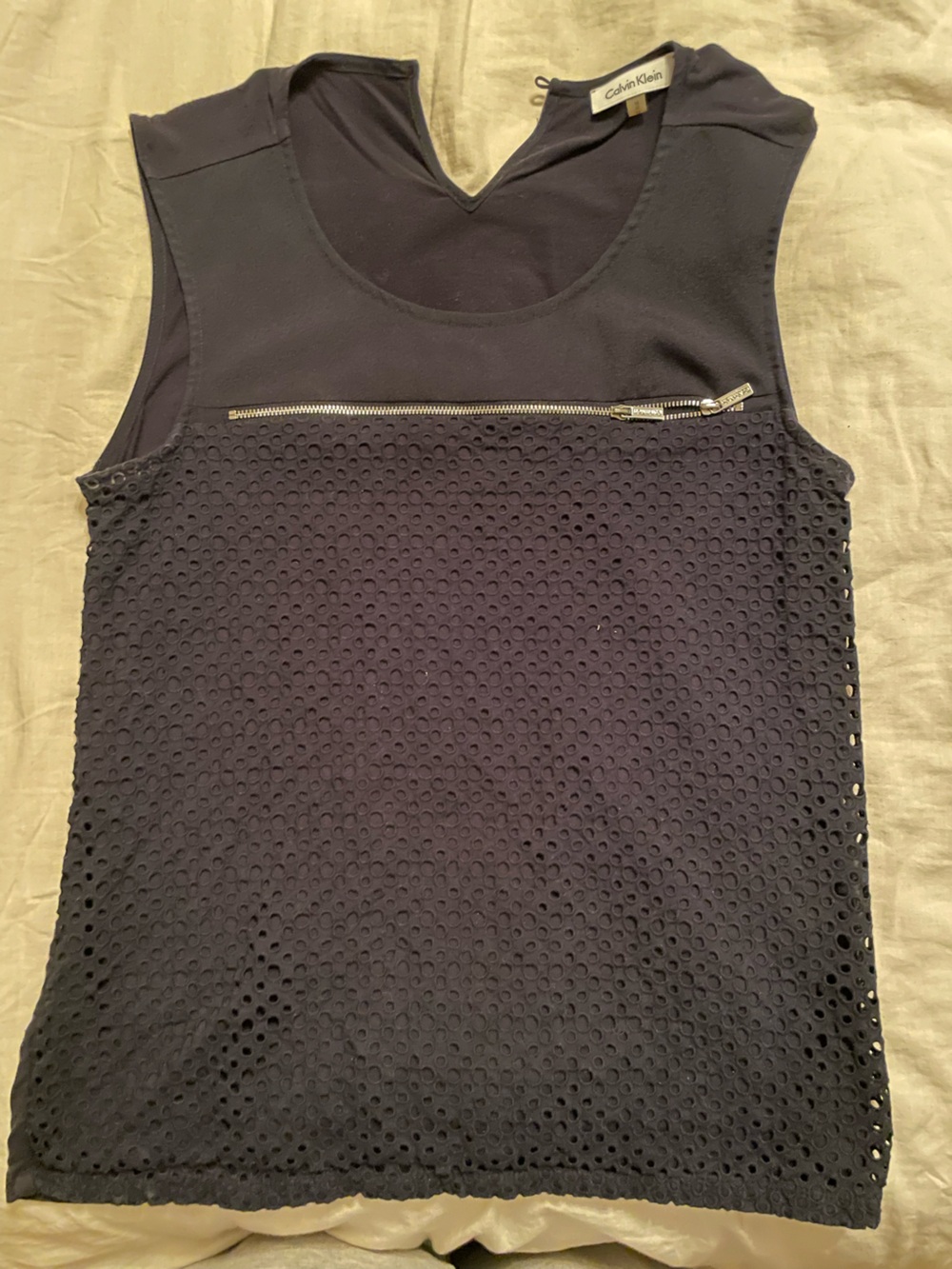 Calvin Klein Navy Eyelet Overlay Tank with Silver Zip Accent